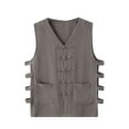 thumbnail image 2 of VBTAPA Men Plus Size Vest Basic Solid Cotton Linen Waistcoat Vintage Buckle Undershirt Loose Casual Sleeeveless Shirt with Pockets Gray XL, 2 of 7