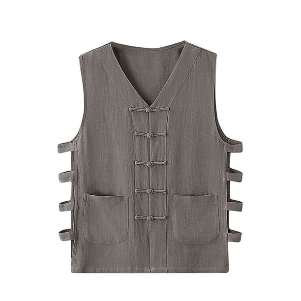 Camiseta Sin Mangas Para Hombre, Chaleco Informal Liso de Algodón Y Lino, Camiseta Interior Con Hebilla Vintage Sin Mangas Odeerbi ODB152205