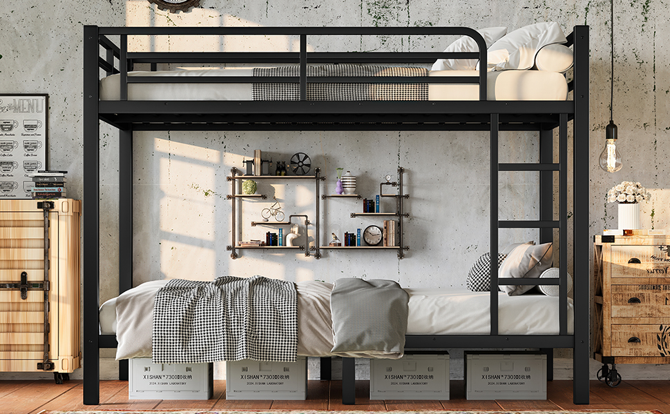 Mintazer Twin Over Twin Metal Bunk Bed with Guardrails, Noise-Free Design & Under-Bed Storage for Teens Adults Bedroom, Black