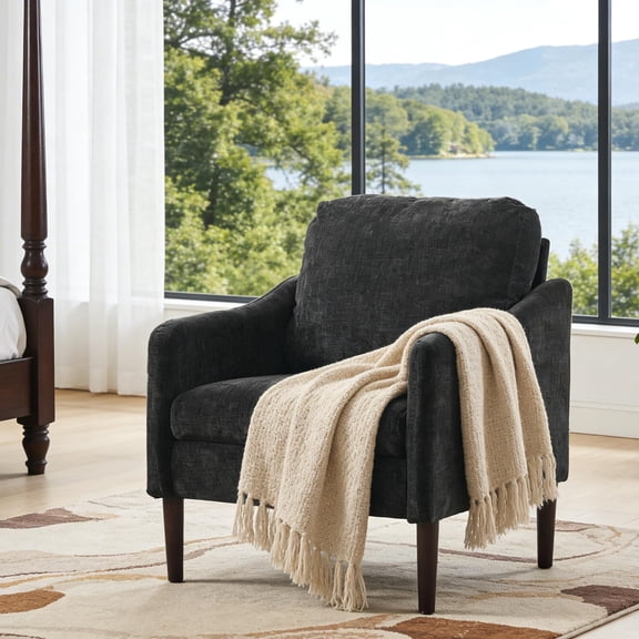 Mid-Century Modern Chenille Accent Chair, Curved Armrest Upholstered Lounge Chair with Thick Cushion for Living Room Bedroom Office