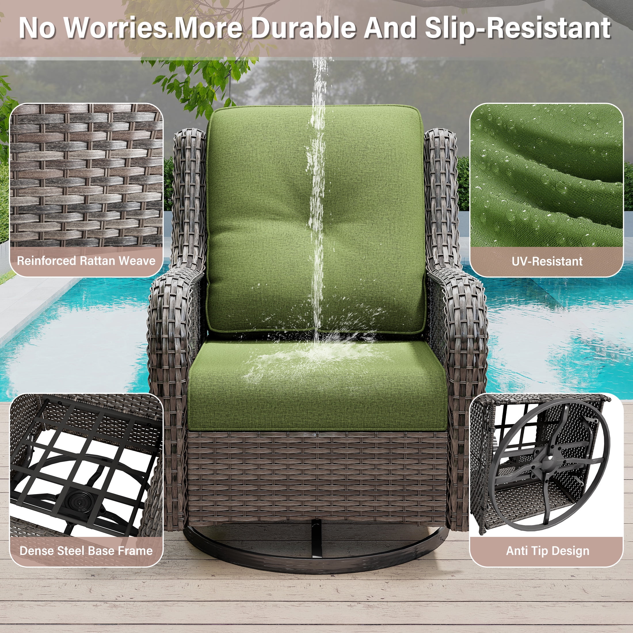 MeetLeisure 3 Piece Wicker Patio Furniture Set with Side Table, Outdoor Swivel Rocker Chairs with High Back, Deep Seating, Wide Armrest, Thick Cushions for Deck Porch, Green