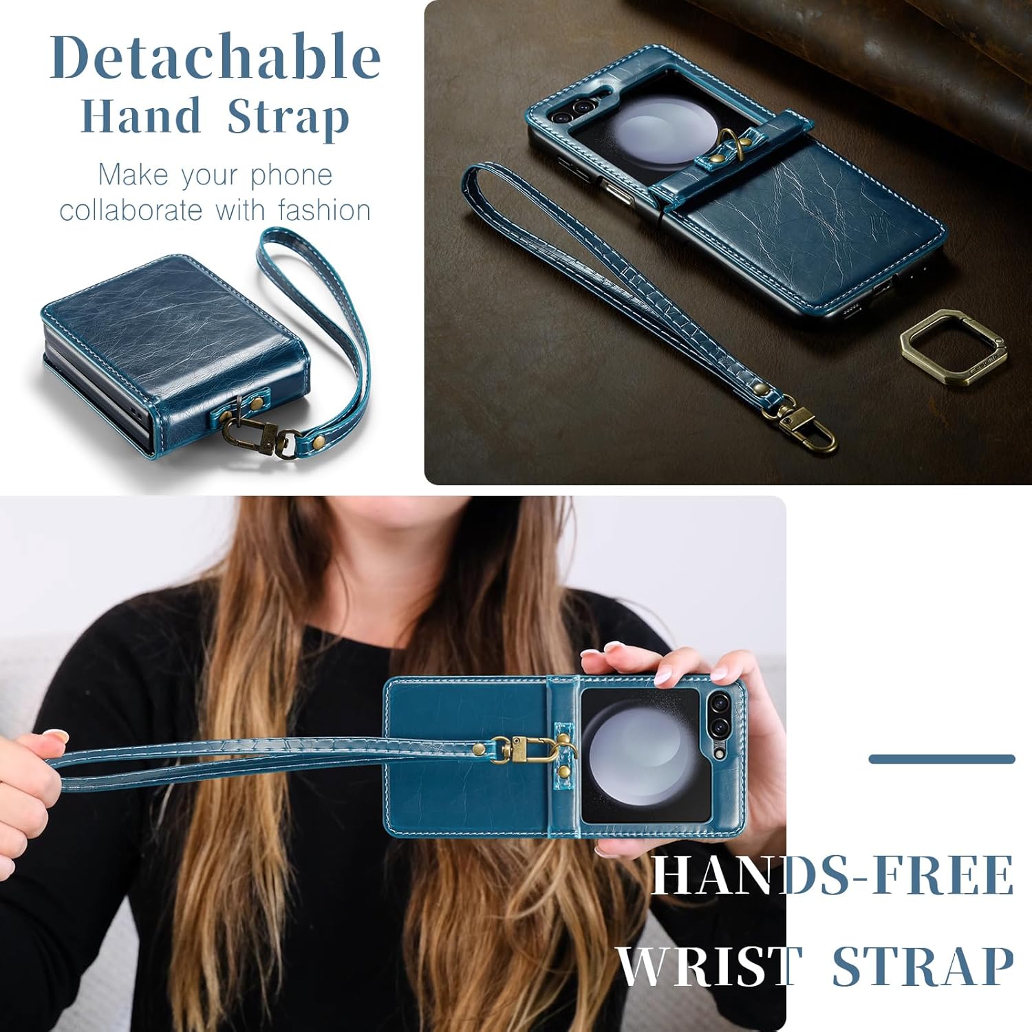 Phone Case for Samsung Galaxy Z Flip 5 5G 2023 with Lanyard Wrist Strap Thin Slim PU Leather Shockproof Hard Shell Protective Cell Cover ZFlip5 Z5 G Flip5 5Z Women Girls Blue