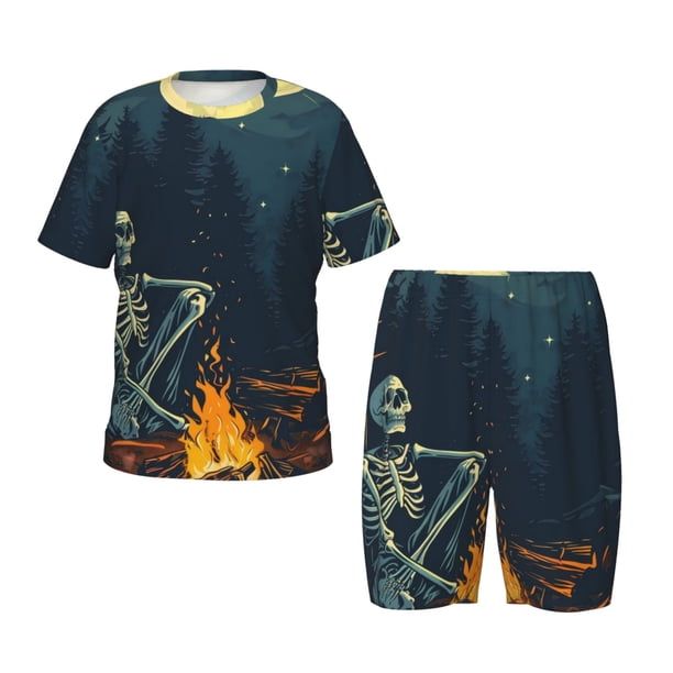 Balery Moonlit Skeleton Campfire Conjunto de Pijama Infantil de Manga Corta con Estampado – Ropa de Dormir de Algodón Suave-3X-Large