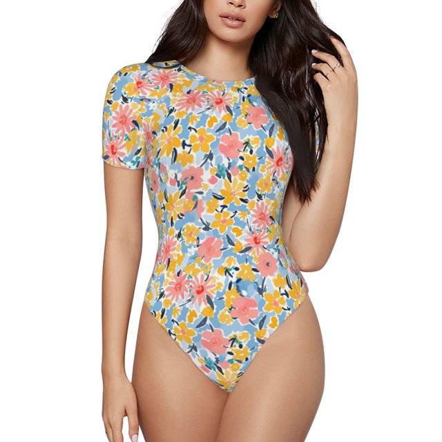 Fotbe Watercolor Wildflowers Body de Mujer con Cuello Redondo y Mangas Cortas, Sin Mangas Ajustado, Suave, Cómodo y Básico-Small