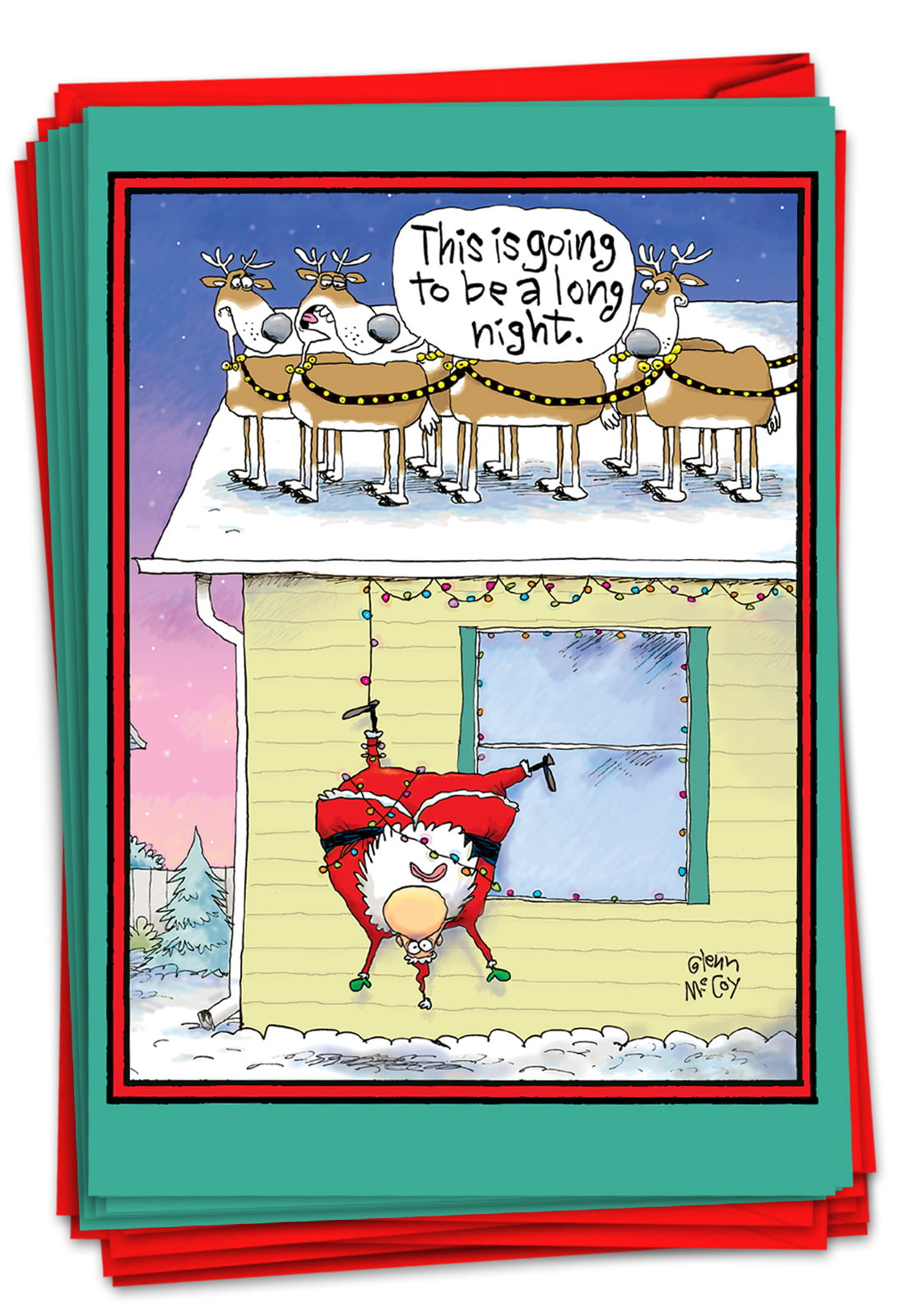 12 Funny Christmas Cards Pack (1 Design, 12 Cards) - Long Night Cartoon  B1014 