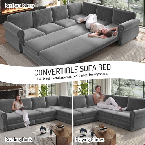 118" L-Shaped Sectional Sleeper Sofa with King Size Pull-Out Bed, Chenille Upholstered, Nailhead Trim & Rolled Arms, Grey