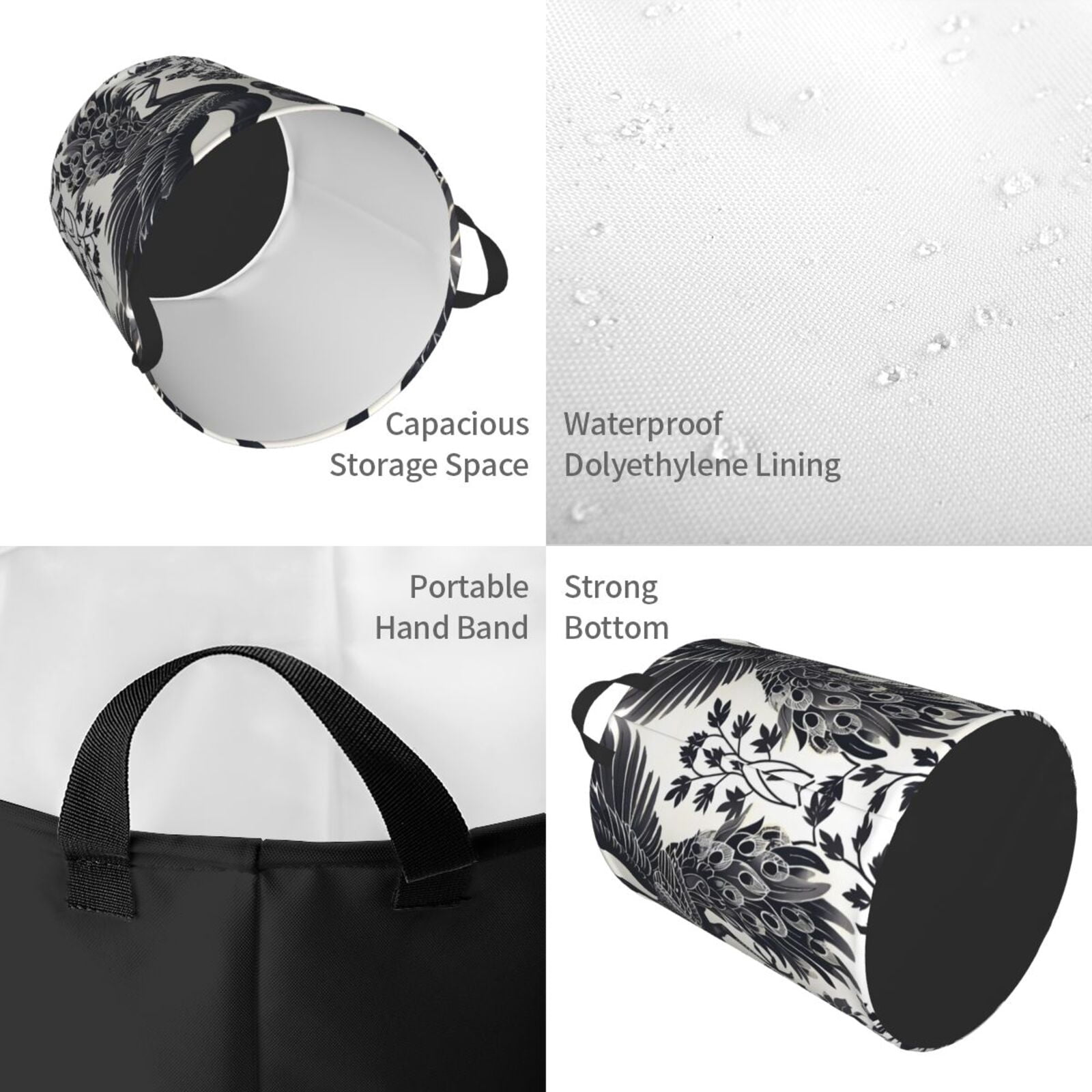 Fuzoiu Artistic Black White Peacocks Print Circular Hamper,Laundry Basket with Handle,Collapsible Laundry,Dirty Clothes Storage Basket,for Bedroom Bathroom Dorm Living Room-Small