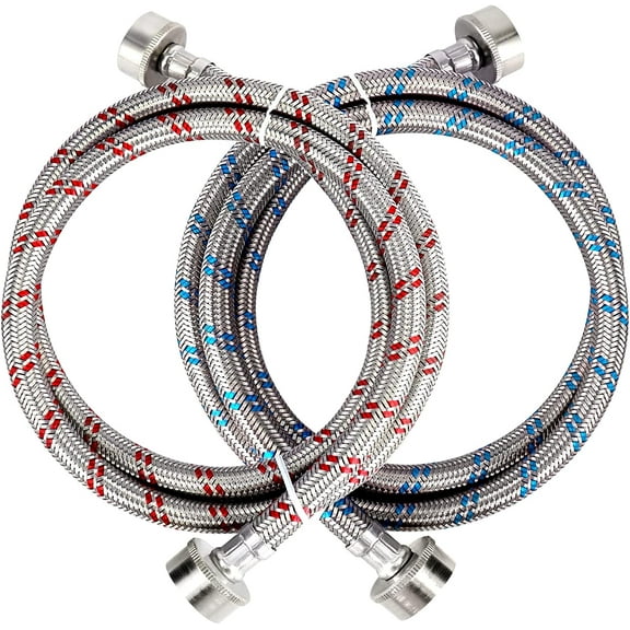 4ft Premium Stainless Steel Washing Machine Hoses Burst Proof 2 Pack by Techecook - Hot and Cold Water Supply Hoses for ALL Washer - 10 YEARS WARRANTY