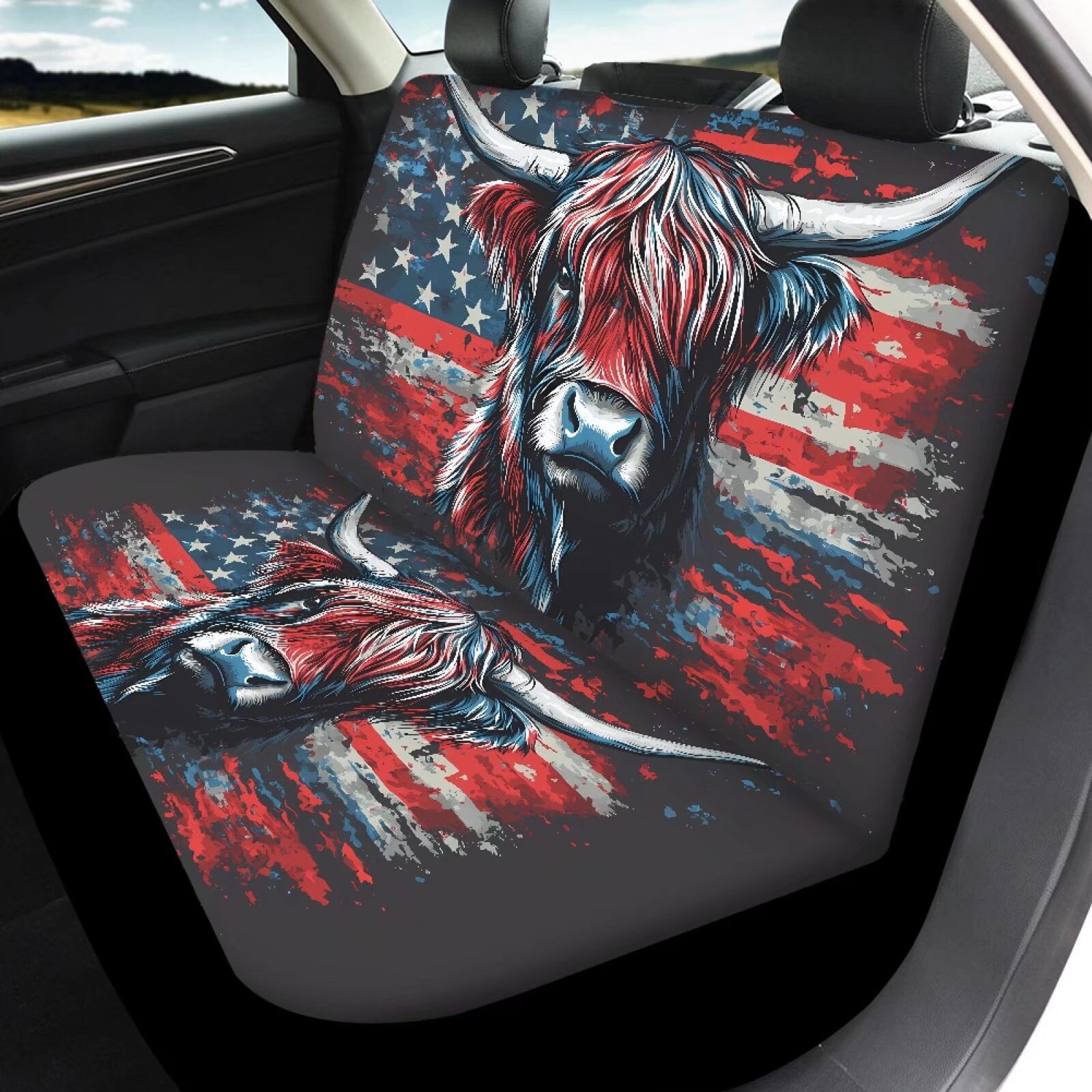 Pzuqiu American Flag Highland Cow Automotive Seat Covers Seat Cover Sets Fashion Full Car Interiors 4 Seats Car Seat Protector Automotive Vehicle Cushion Print for Cars Truck Universal Fit Set