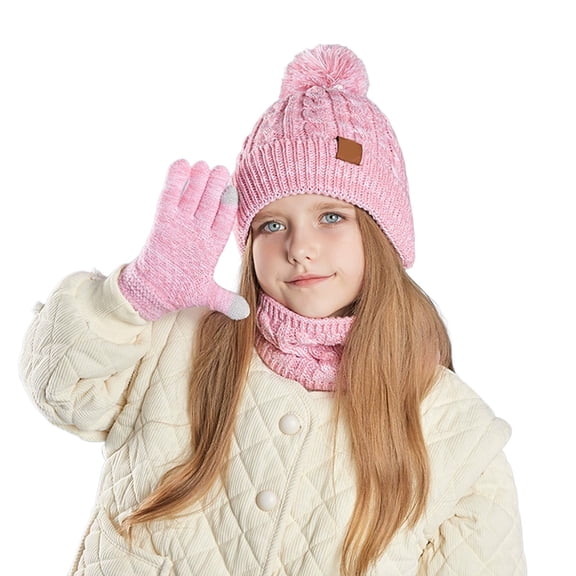 Children's Adorable Cartoon Three-Piece Set All-in-One Hat, Scarf, and Gloves Warm Ear-Covering Beanie Outdoor Knit Hat (Ages 3-10) -Lined, Thickened Soft and Skin-Friendly,One Size