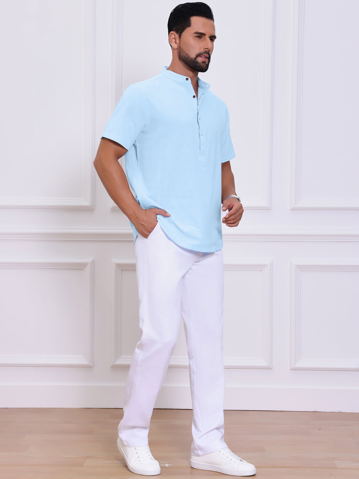 DARING DIVA Men's Casual Henley Band Collar Short Sleeve Summer Linen Shirts XL Light Blue