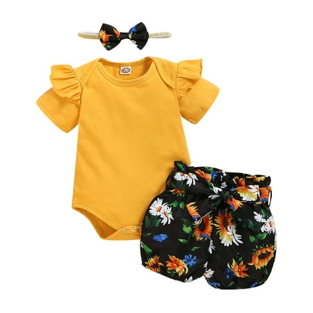 

Kucnuzki 12 Months Baby Girl Summer Outfits Shorts Sets 18 Months Short Sleeve Solid Color Rib Knitted Basic Rompers Tops Delicate Flower Prints Shorts 2PCS Set Yellow