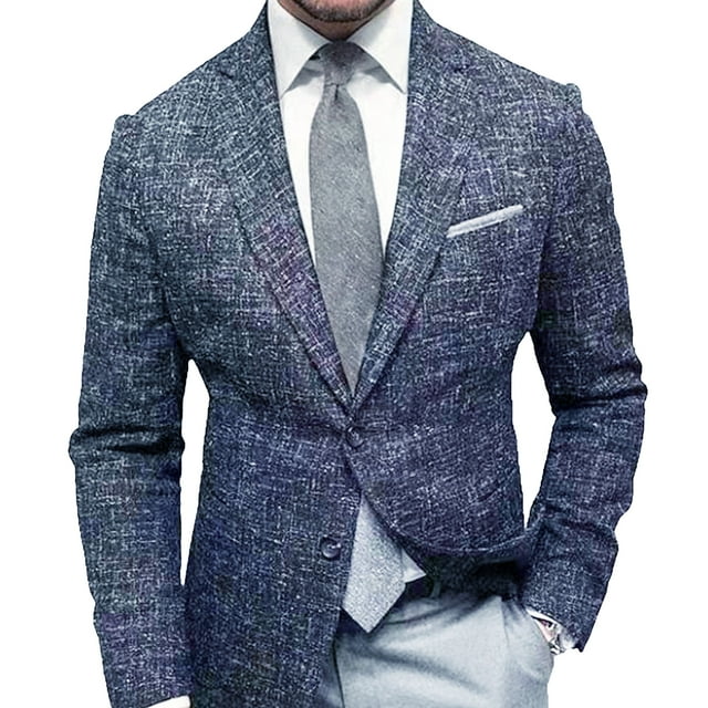 ITFABS Men's Blazer, Plaid/Plain Color Lapel Long Sleeve Button Suit Coat