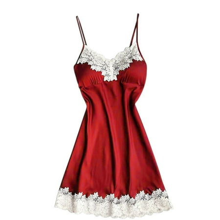 

Toyella Large Size Sexy Suspender Dress Satin Lace Stitching Nightdress Red M