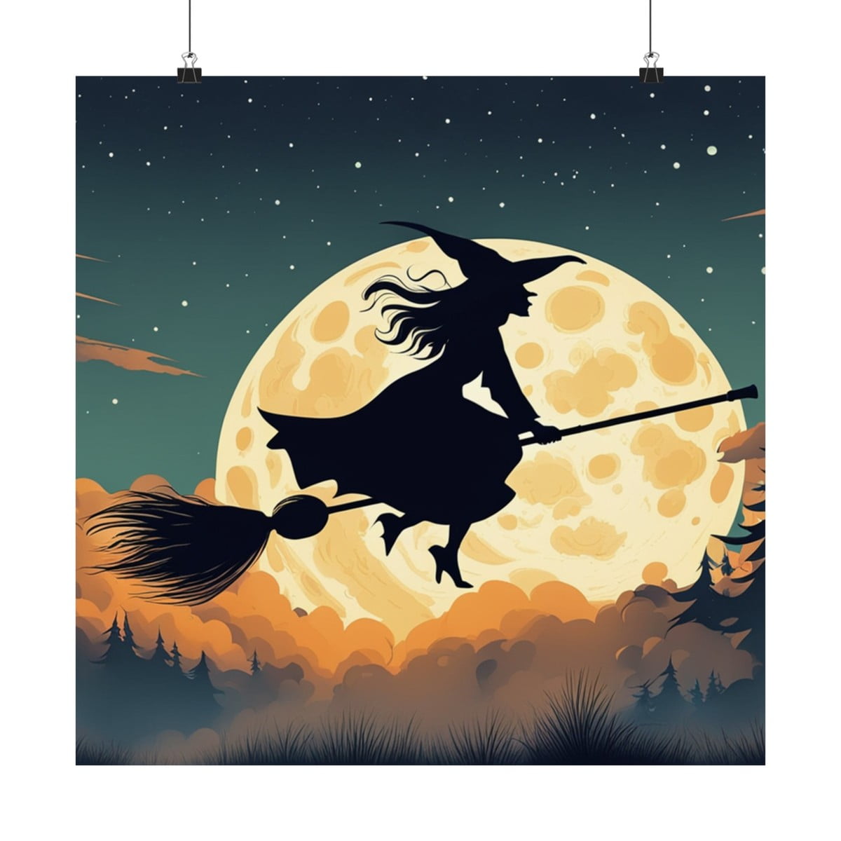Halloween Witch On Broomstick Poster Spooky Midnight Flight Seasonal Entryway And Gallery Wall Decor
