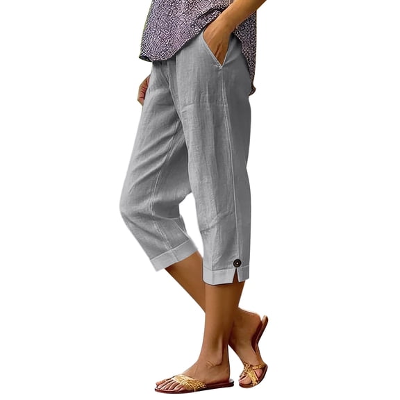 Dagugfen Cotton Linen Capris for Women with Pockets Straight Leg Drawstring Elastic Waist Capri Pants Lightweight Casual Beach Pants