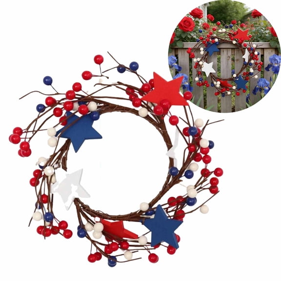 FEOLGEHLY 10Inch Patriotic Fake Spring Wreaths for Front Door, 4th of July Decorations Wreaths with Red White Blue Stars, Summer Door Table Wreaths for Memorial Day Independence Day Home Garden Decor