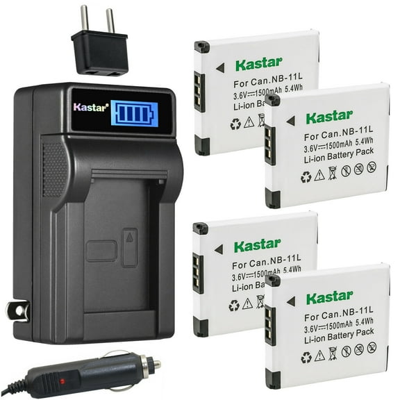 Kastar 4-Pack NB-11L Battery and LCD AC Charger Compatible with Canon NB-11L NB11L, NB-11LH NB11LH Battery, Canon CB-2LD CB-2LDE, CB-2LF CB-2LFE Charger, Canon IXY 420F, IXY 430F, IXY 90F Cameras