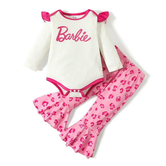 Barbie Baby Girls Letter Graphic Ruffle Long Sleeve Ribbed Romper and Allover Print Flared Pants 2 Pieces Outfits Sets Sizes 0-24M