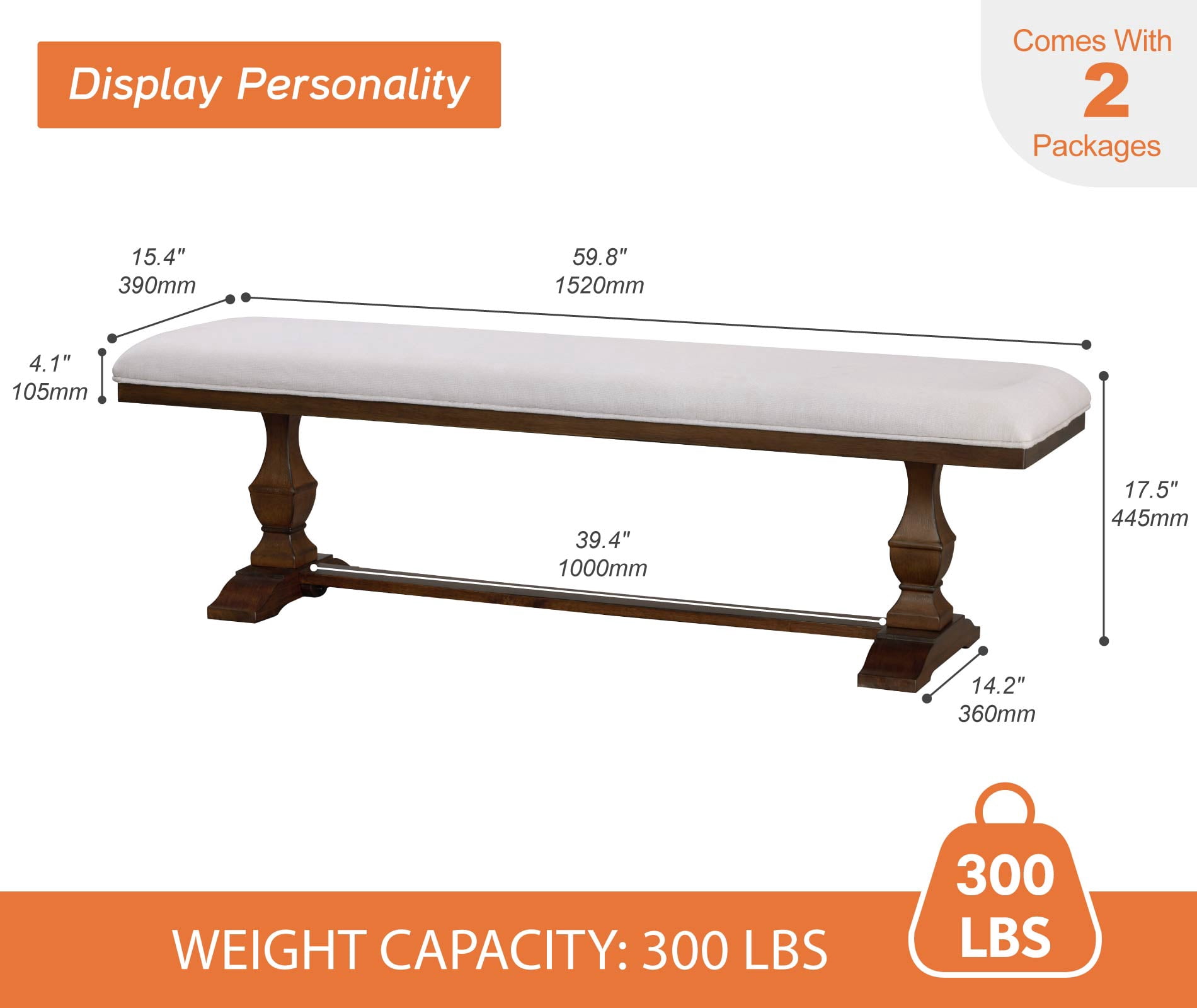 WAMPAT Farmhouse Dinning Bench Seat Pair of 2,59.8" Upholstered Bench with Premium Fabric and Solid Wood Legs for Kitchen, Living Room & Bedroom,Espresso