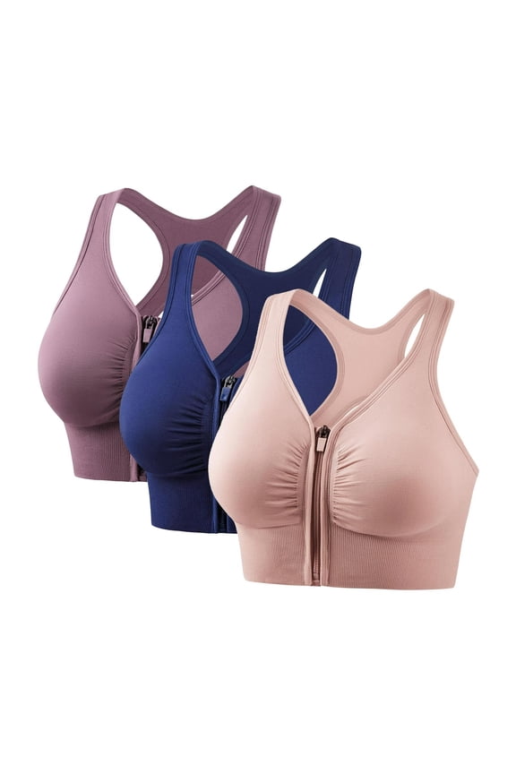 3 Pack Sport Bras for Women Front Zipper Workout Yoga Bras Plus Size Padded Racerback High Support Bra