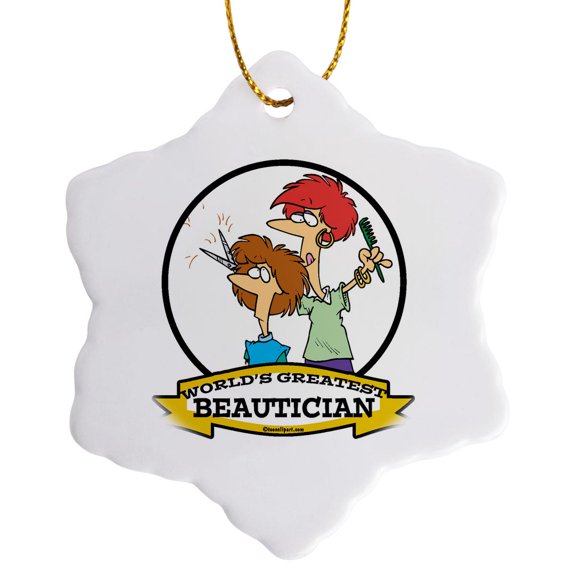 3dRose, Funny Worlds Greatest Beautician Occupation Job Cartoon, 3 inch Snowflake Porcelain Ornament