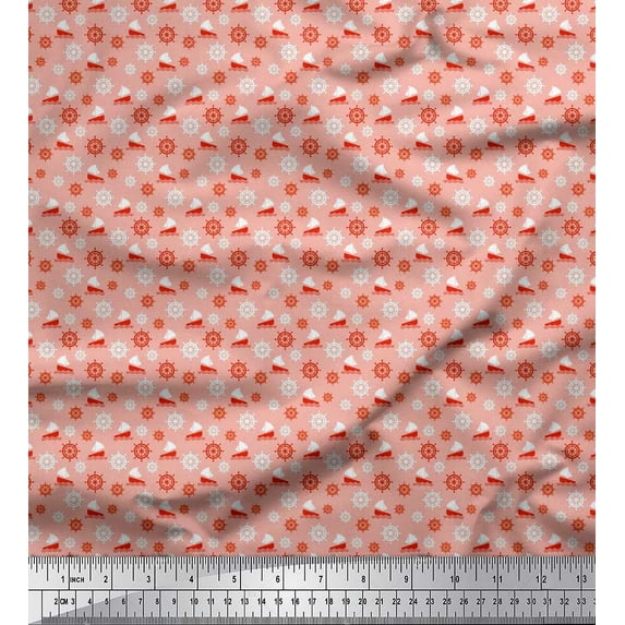 Soimoi Japan Crepe Satin Fabric Ship Wheel & Sailboat Shirting Print Fabric by The Yard 42 Inch Wide