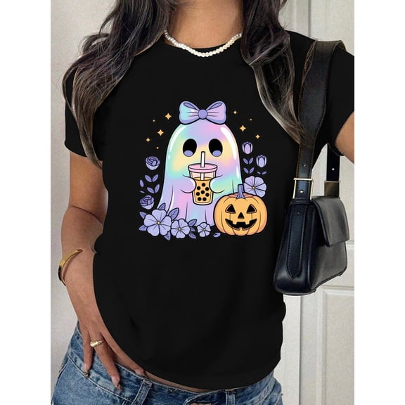 Halloween Womens Ghost Boba Graphic Casual Sweatshirt Tee ,Top Short Sleeve Round Neck Black S-5XL
