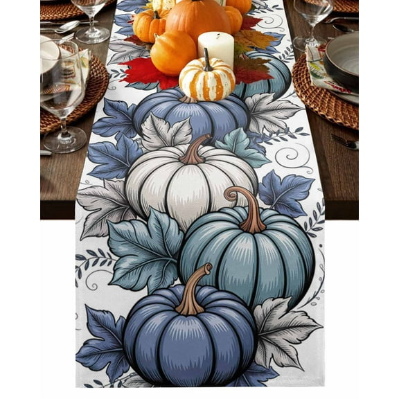 Fall Table Runner Thanksgiving Teal Blue Pumpkin Table Runners Autumn Leaves Hello Fall Cotton Linen Dresser Scarf Kitchen Dining Table Decor for Fall Holiday Party Decor 13x36 Inch
