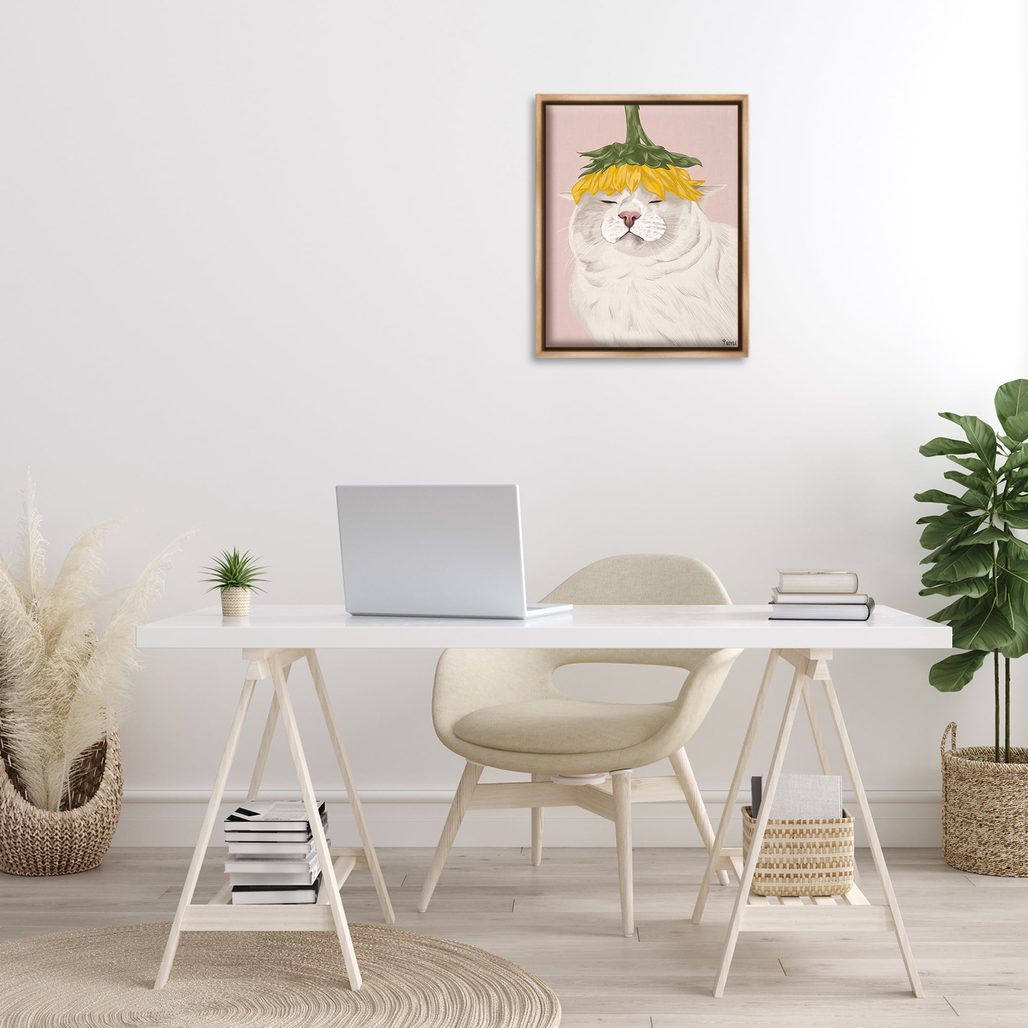 Stupell Industries Cat with Daisy on Head Animals & Insects Painting Brown Floater Framed Canvas Art Print Wall Art, 17 x 21