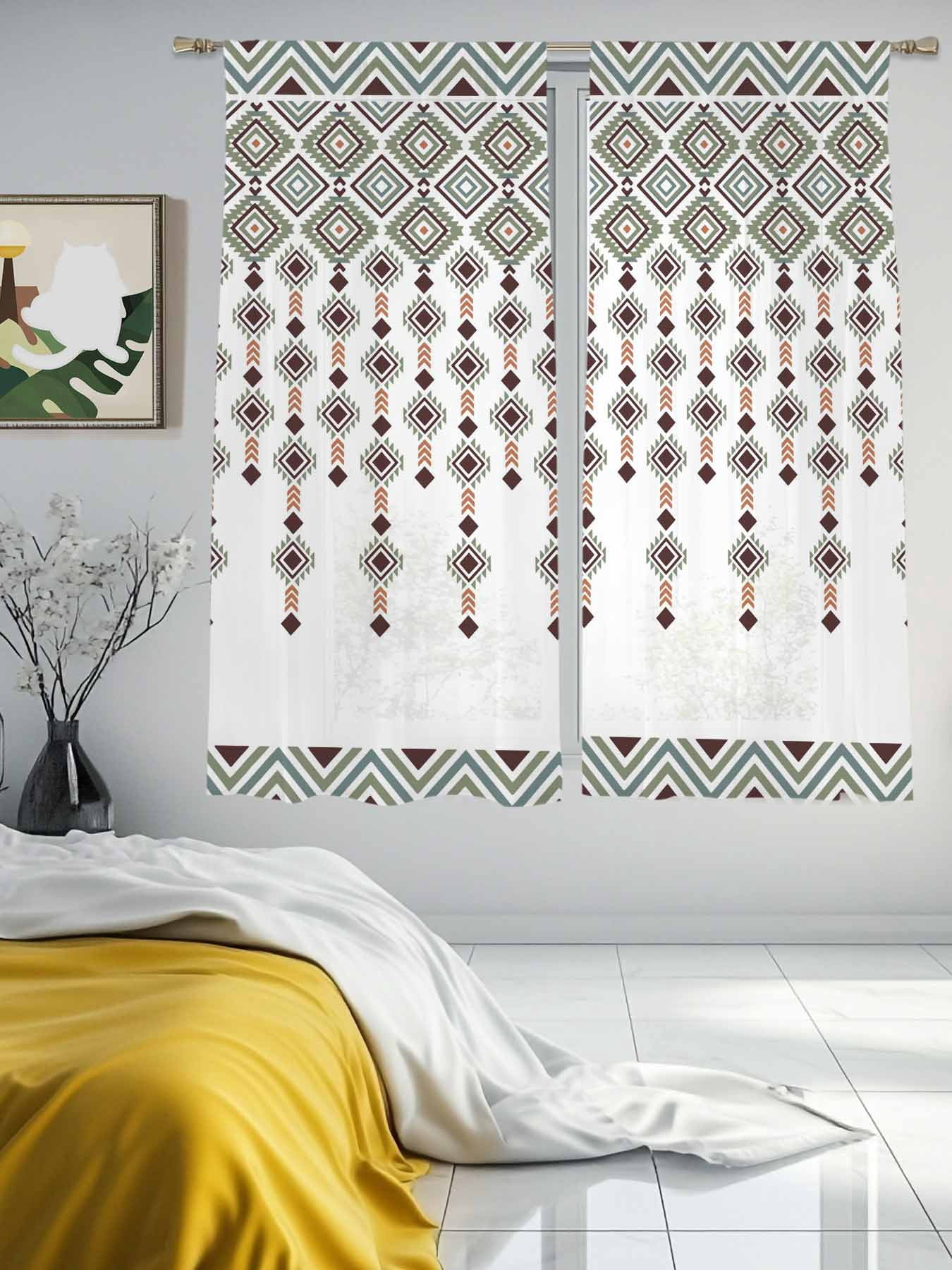Sheer Curtain Panels Boho Diamond Voile Window Curtains Bohemian Geometric Stripes Beads Window Treatments Ligh Filtering Privacy Curtain Drapes for Bedroom Living Room 2 Panel Set 63 Inch