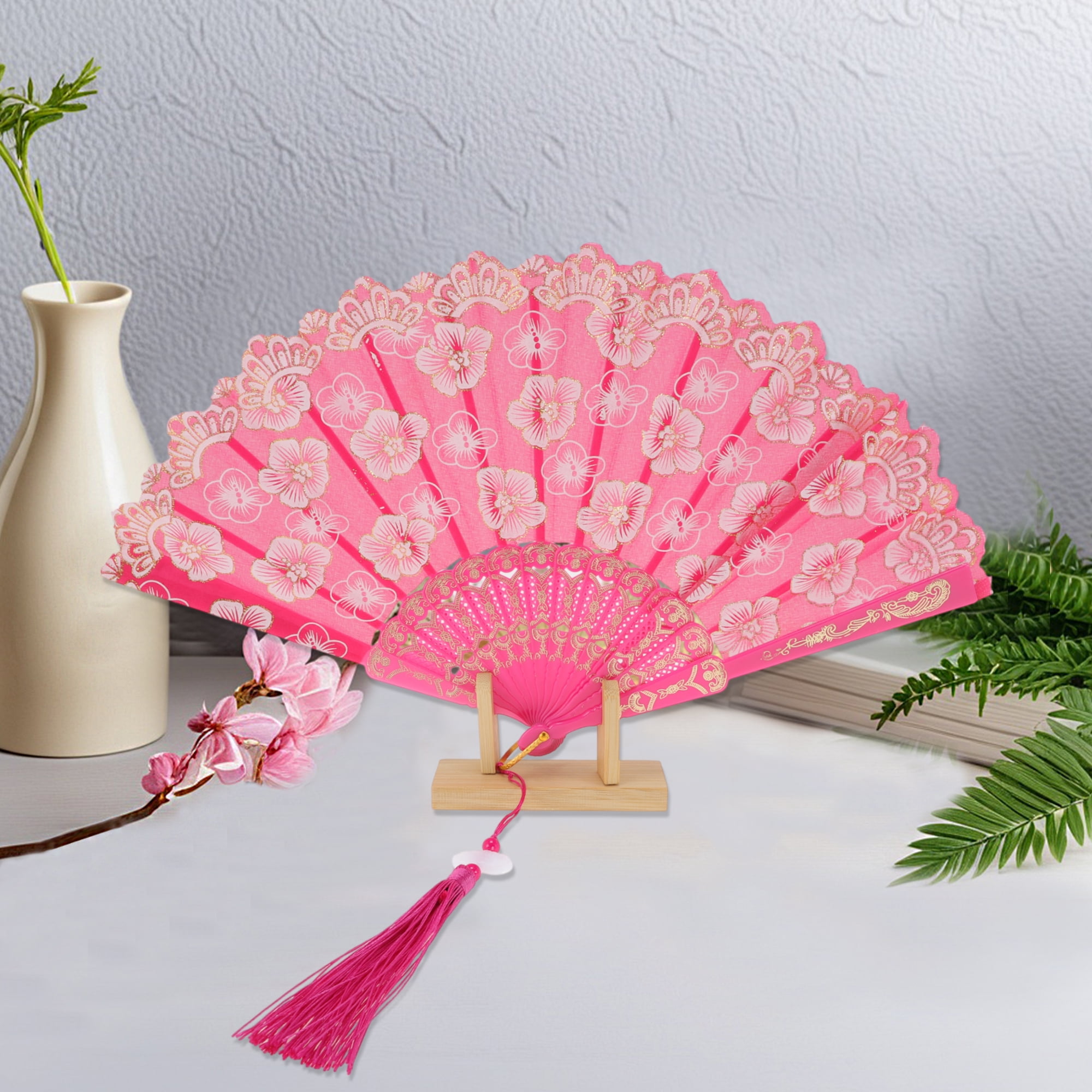 Unique Bargains Elegant Cherry Blossom With Tassel Folding Fan 1 Pc Rose Red