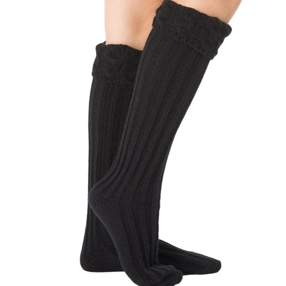CUZIBR Socks For Women Warm Knitted Ribbed Stockings Leg Warmers Solid Color Winter Thermal Thick Cover Boot Liners Breathable Lightweight Footwear,Black,One Size