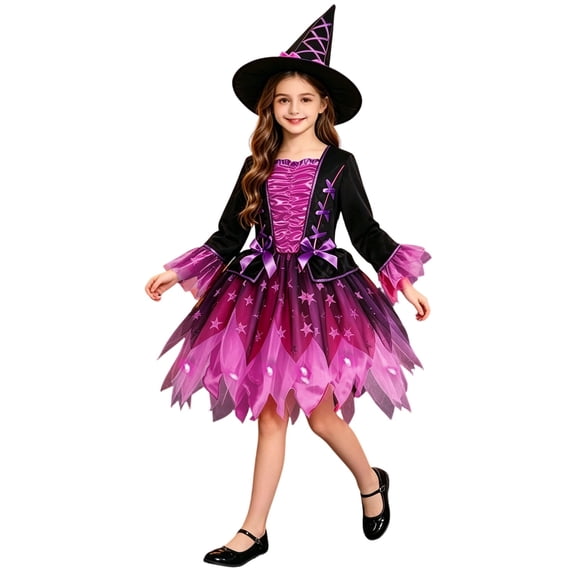 REDARER Girls Halloween Witch Costume Cosplay Long Sleeve Light Up Star Tulle Dress with Lace‑Up Witch Hat for Halloween Party Fancy Dress Up Outfit,10-11 Years