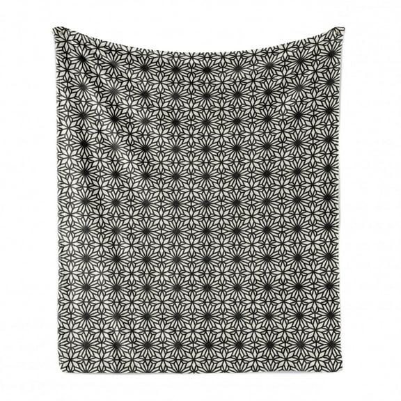 Ethnic Soft Flannel Fleece Throw Blanket, Geometrical Design with Moroccan Star Motifs Ornate Mandala, Cozy Plush for Indoor and Outdoor Use, 50" x 60", Black and Off White, by Ambesonne