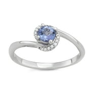 MyDiamondBox 1/20cttw White Diamonds & Natural Tanzanite Center Gemstone Swirl Shank Promise Ring crafted in 10KT White Gold Real Diamond Ring for Women, US8