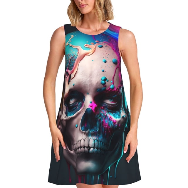 Balery Modern Abstract Colorful Skull B Vestidos de verano para mujer con estampado: vestido holgado sin mangas, vestido playero informal y cómodo para días calurosos.