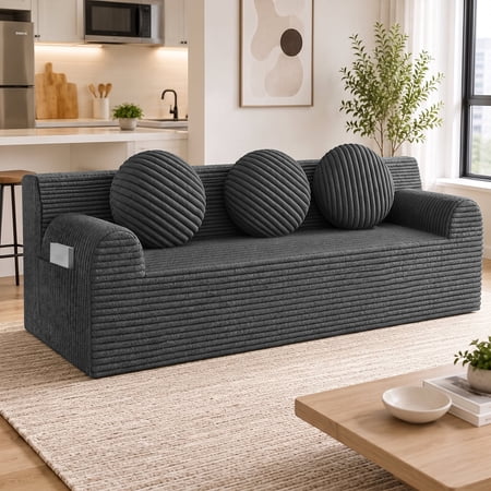 UHOMEPRO 3 Seater Cloud Couch, 71" Corduroy Cloud Sofa with High Density Foam, No Assembly Low Profile Floor Couch for Apartment, Bedroom, Small Space, 1200lbs, Deep Gray