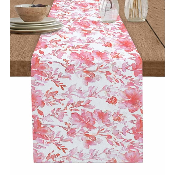 Table Runner Dresser Scarves 60 Inch Long,Watercolor Pink Flower Leaves on White Linen Dining Table Runners Abstract Floral Plant Art Tabletop Scarf for Wedding Holiday Party Kitchen