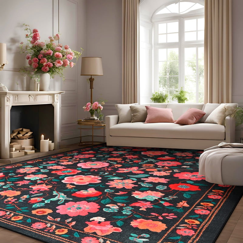 GUUCHA 9'x12'Area Rugs for Living Room Floral Print Rug Floor Carpet for Bedroom,Black/Red