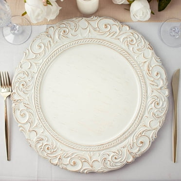 Efavormart Set of 6 Antique White / Gold 14" Round Plastic Charger Plates With Engraved Baroque Design Rim For Wedding Party Events