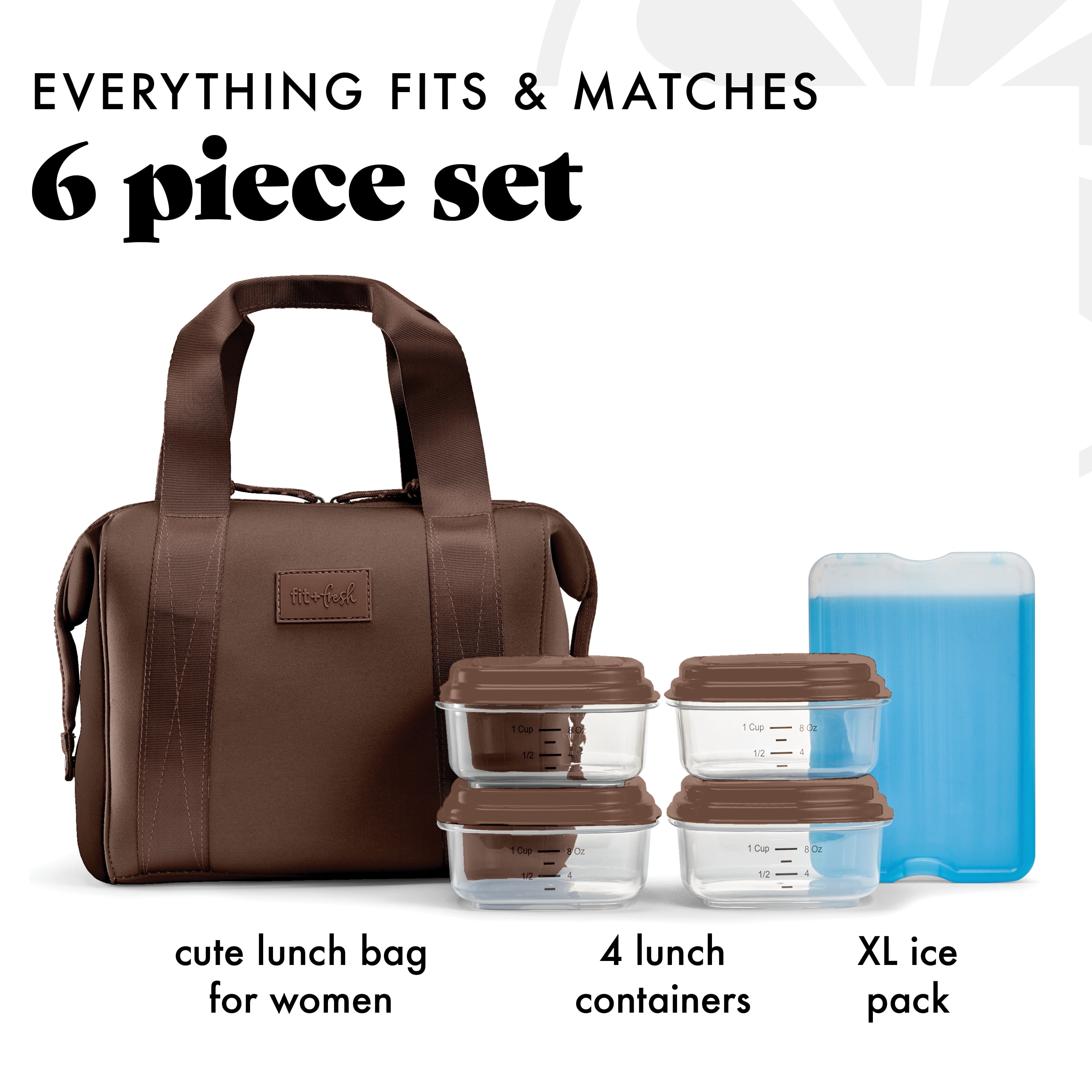 Fit & Fresh 4511CX3904 Remi Women's Lunch Bag, Self Insulating Neoprene Material Lunch Box With Containers & Ice Pack, Dark Chocolate