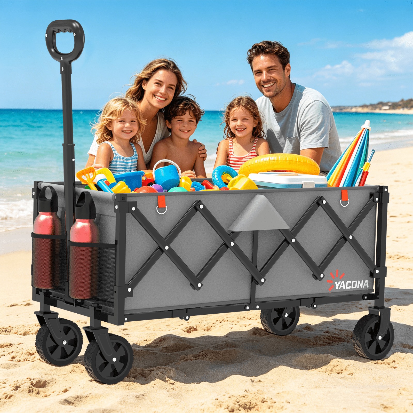 Yacona 35" L Extra Long Wagons Carts Foldable, 180L Capacity Beach Wagon, Heavy Duty Rolling Cart with Wheels, Gray