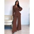 thumbnail image 5 of Women'S Casual Lounge Two Piece Outfits Long Sleeve V Neck Wrap Tie Waist Shirt Wide Leg Pants Sets Dark Brown S, 5 of 10