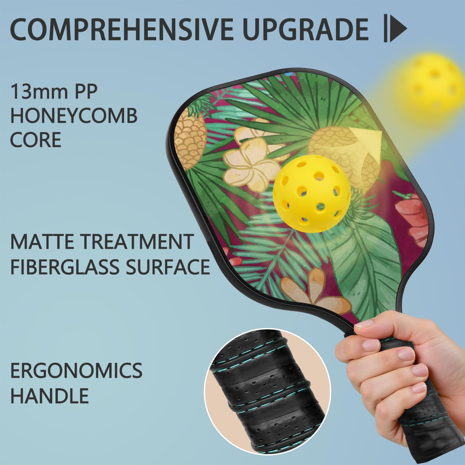 Pickleball Paddles Set Of 2, Fiberglass Surface, Tropical Jungle Print, 4 Balls & Bag