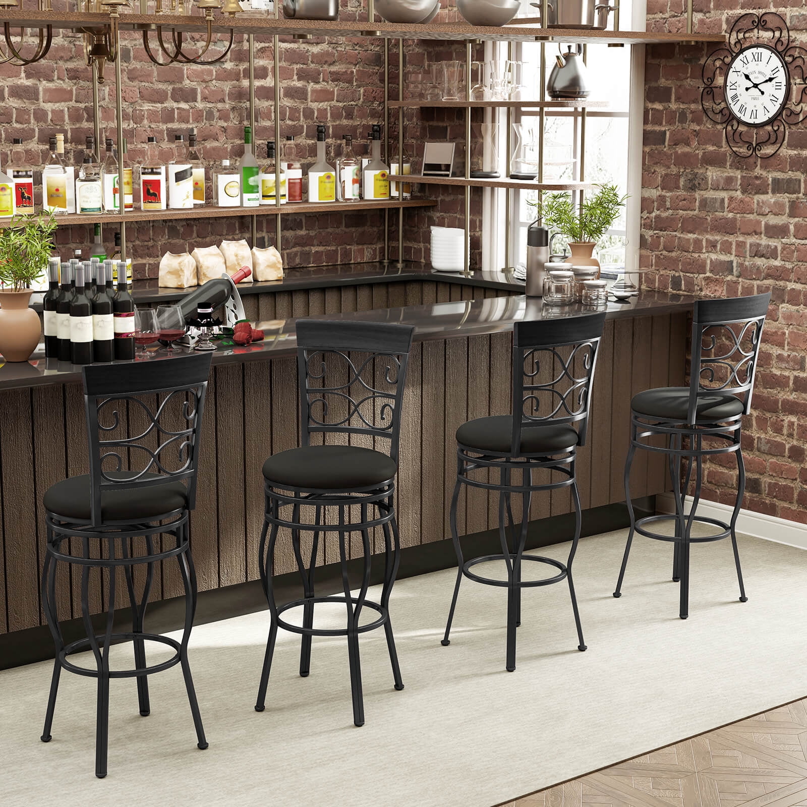 Costway Round Swivel Back Seat Bar Stool, Black (Set of 4)