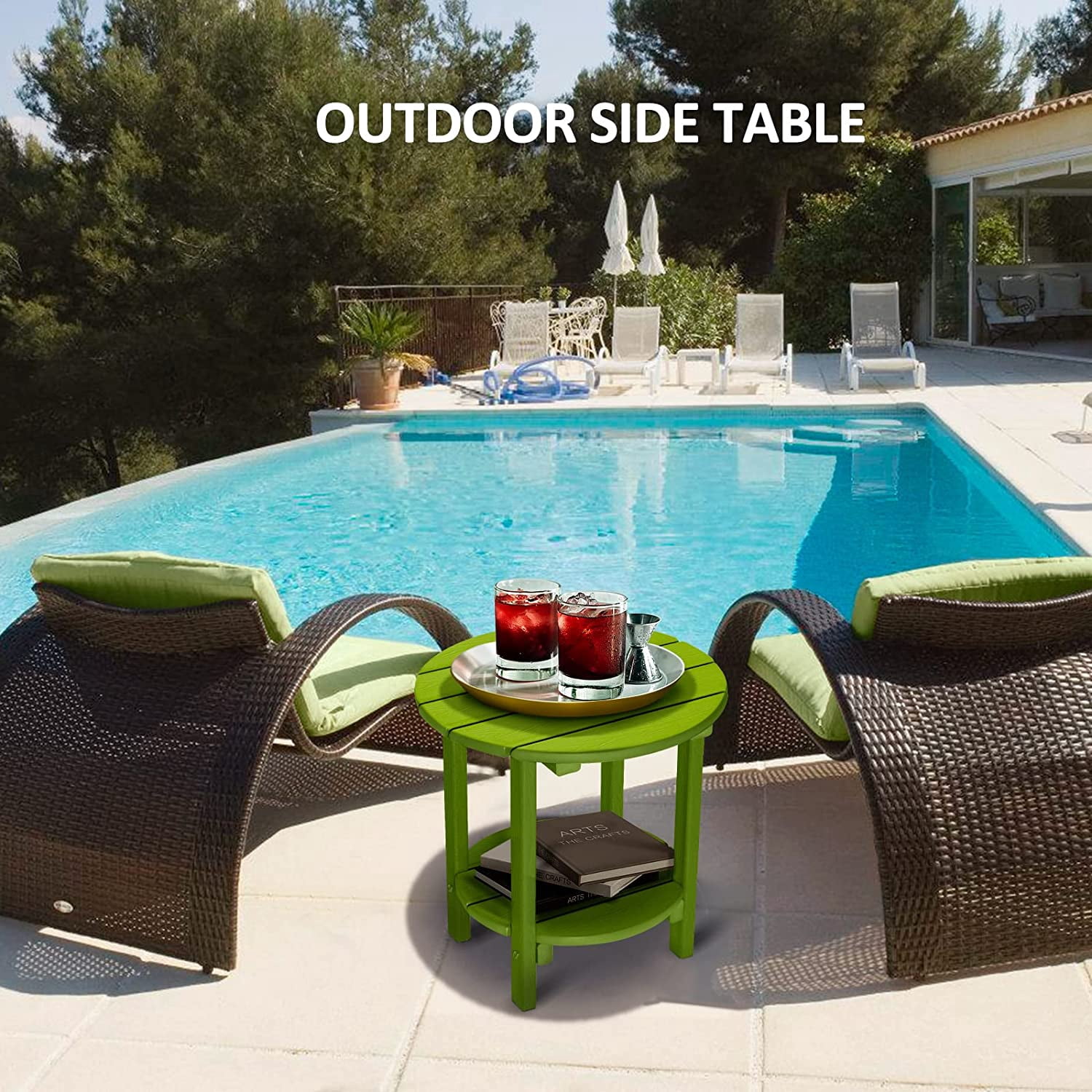 Nalone HDPE Adirondack Outdoor Side Table, Outdoor Coffee Table Double Layer With Shelf All Weather Use Patio Deck Table, Outside Coffee Side End Table, Lime