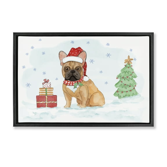 Stupell Industries Holiday Dog in Snow Holiday Painting Black Floater Framed Canvas Art Prints Wall Art, 25 x 17