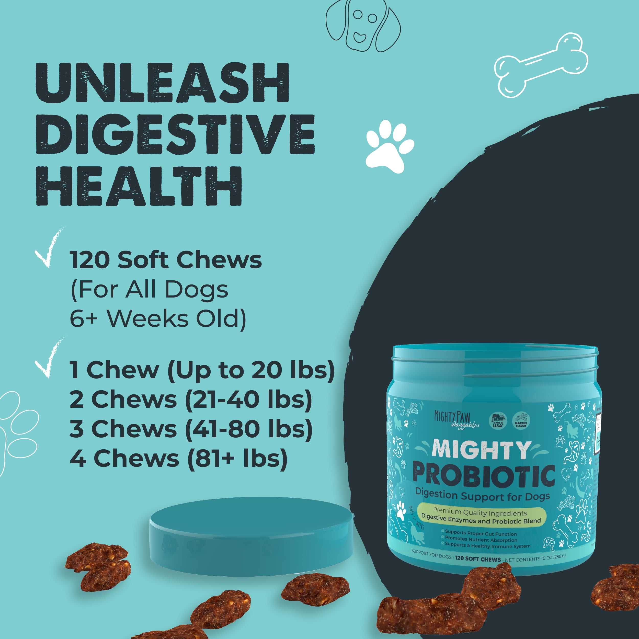 Mighty Paw Waggables Dog Probiotics Chews, Digestive Enzymes Supplement, Bacon Flavor, USA, 120 ct