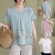 thumbnail image 1 of Fiudx Liquidación de Ahorros de Verano Camiseta de Manga Corta con Cuello Redondo para Mujer, Top/Camisa de Algodón y Lino de Color Liso con Estampado de Cuello Redondo, Novedad de Verano, 1 of 4
